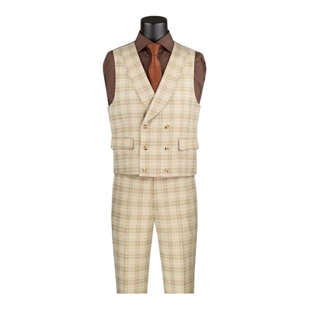 MEN'S VINCI 3 PIECE MODERN FIT KHAKI WINDOWPANE PLAID SUIT. MV2W-3 - Picture 3 of 3